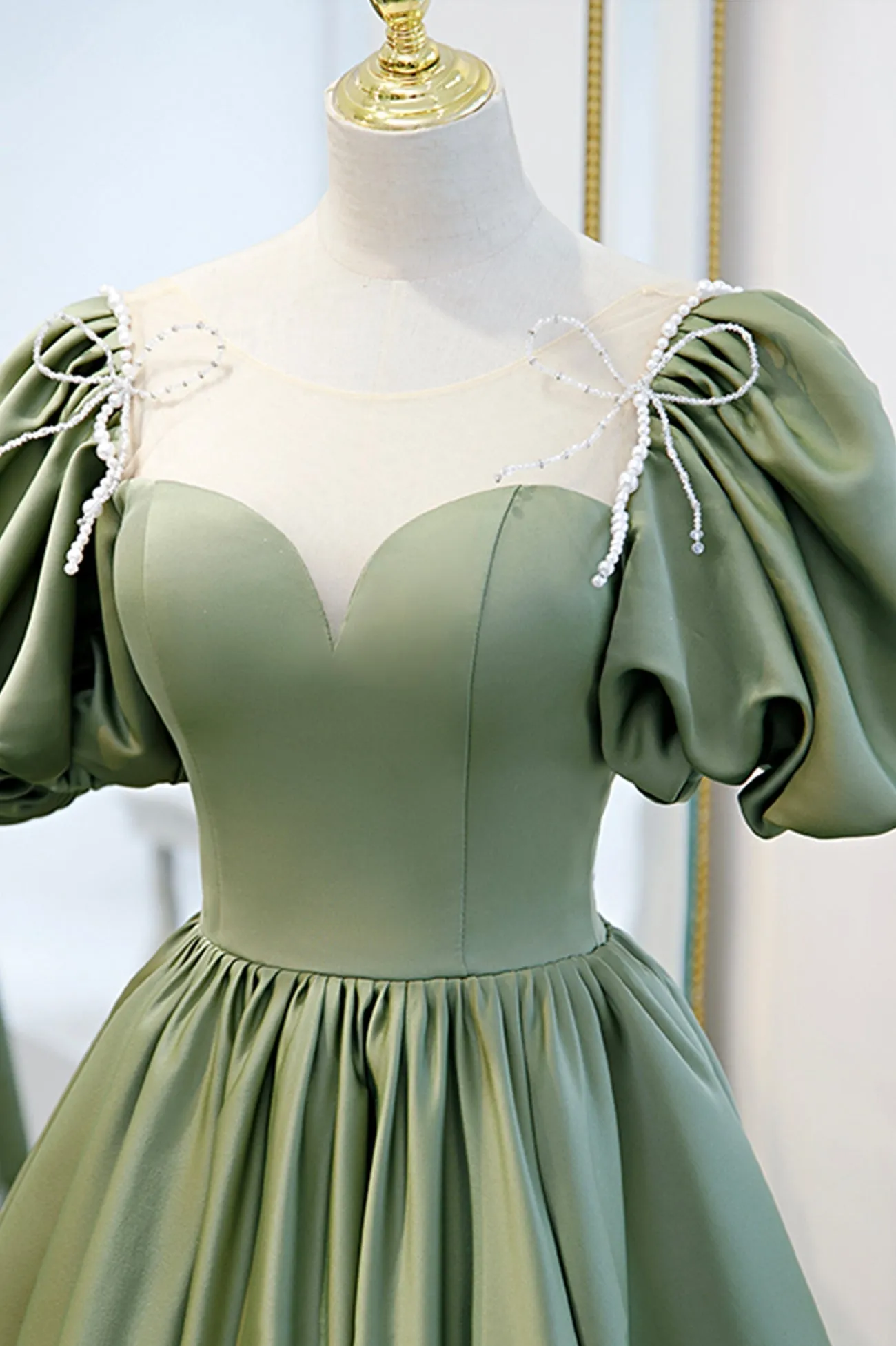 Green Satin A-Line Long Formal Dress Green Junior Prom Dress