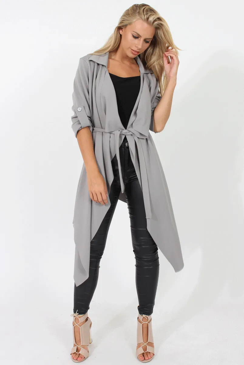 Grey Belted Waterfall Duster Jacket - Aisla