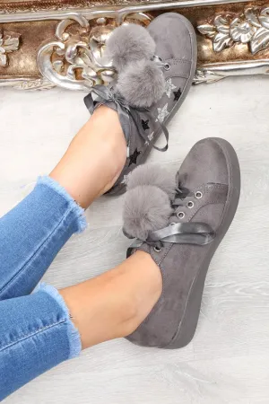 Grey Faux Suede Pom Pom Trainers - Ellany