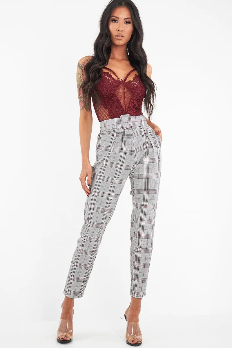 Grey Red Tartan Belted Tailored Trousers - Celena