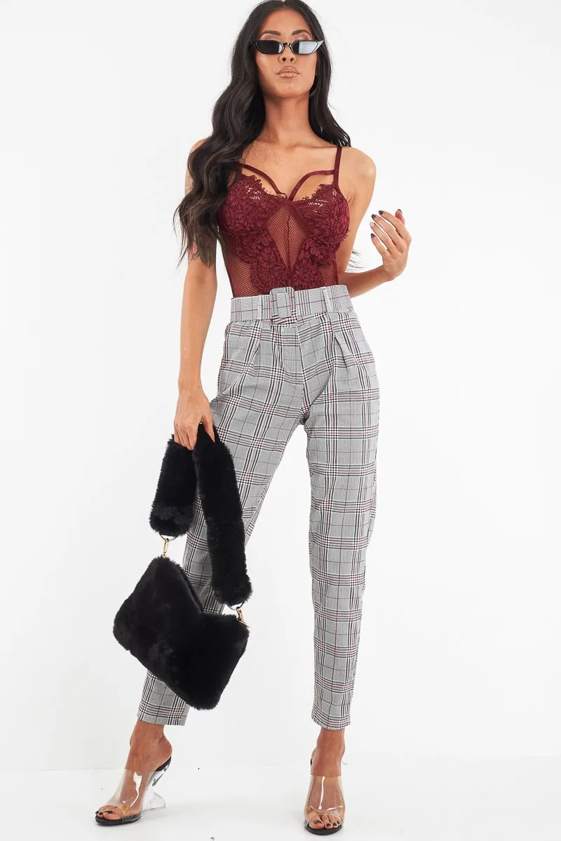 Grey Red Tartan Belted Tailored Trousers - Celena