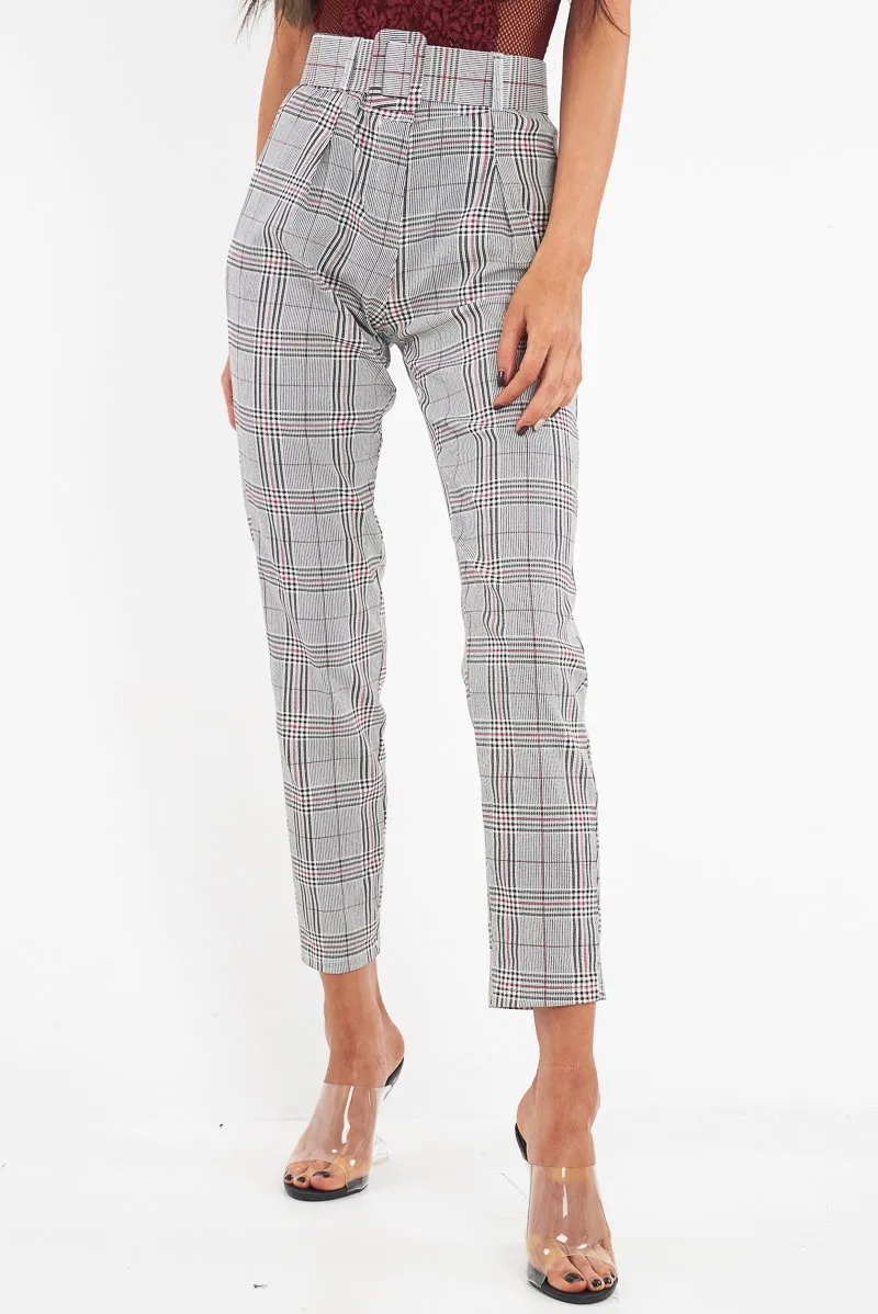 Grey Red Tartan Belted Tailored Trousers - Celena