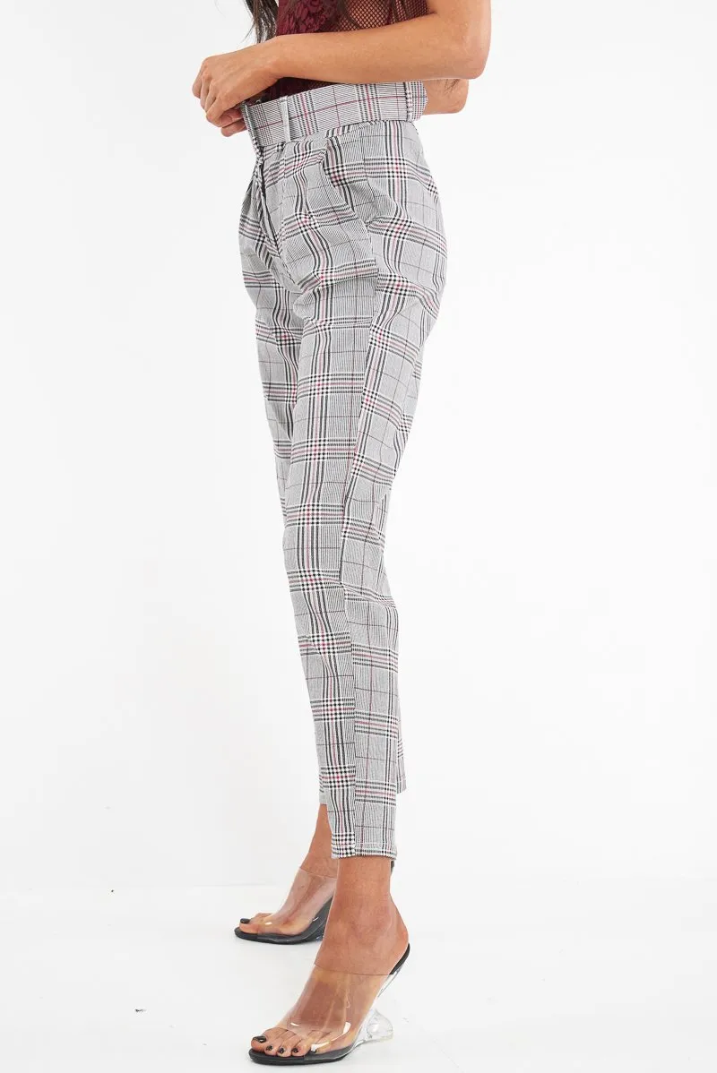 Grey Red Tartan Belted Tailored Trousers - Celena