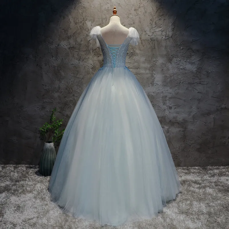 Light Blue Tulle Long Party Dress Formal Dress, Blue Tulle Formal Dress with Flowers