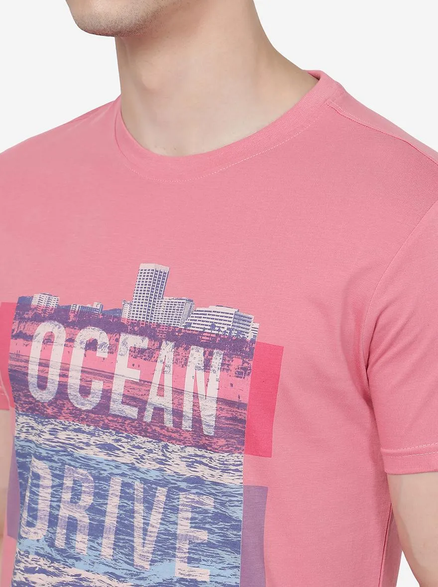 Light Pink Printed Slim Fit T-Shirt | Greenfibre