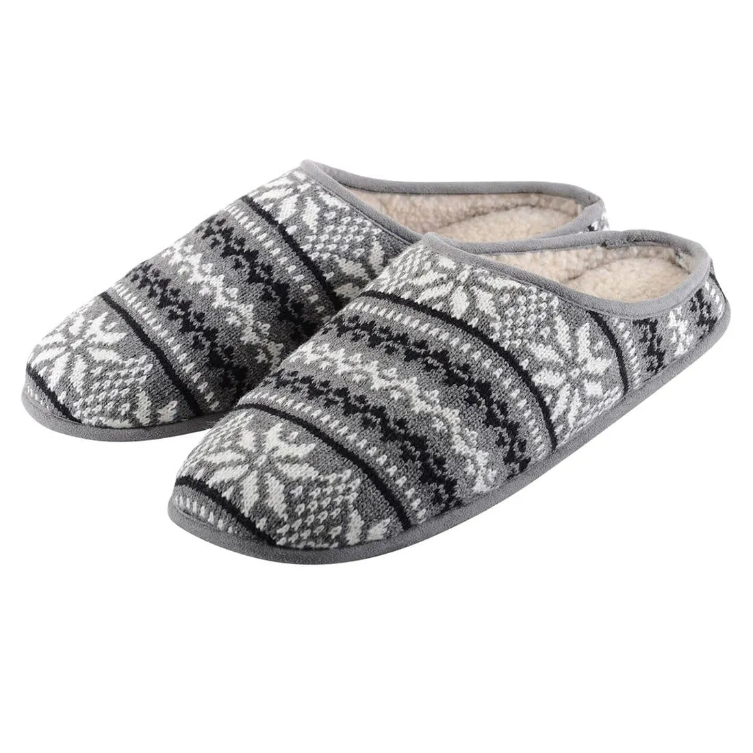 Mens Fairisle Mule Slippers With Faux Sheepskin Lining