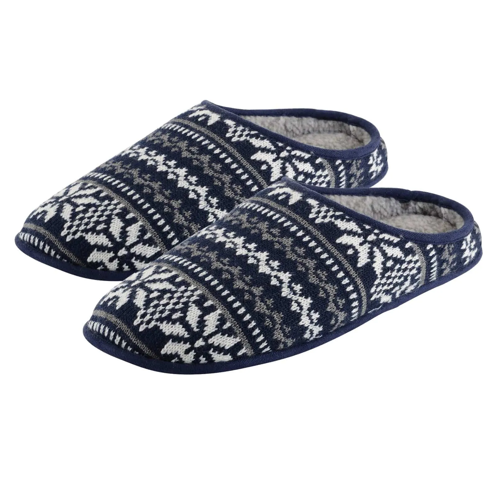 Mens Fairisle Mule Slippers With Faux Sheepskin Lining