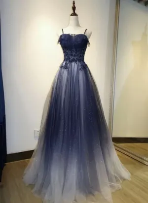 Navy Gradient A Line Tulle Long Formal Prom Dresses