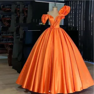 Orange Satin Puffy Prom Dresses Vintage Pleated 3D Flower Long Prom Gowns Plus Size Formal Party Dress