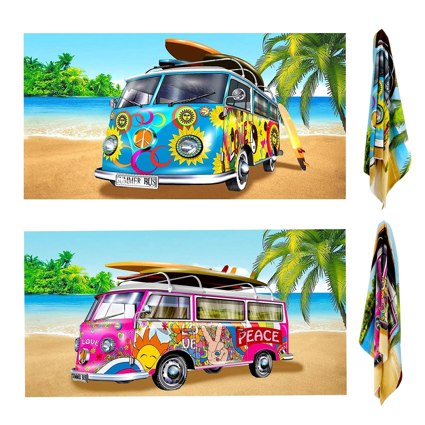 Pink & Blue Summer Bus Design Large Towel Set