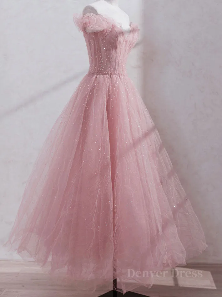 Pink off shoulder tulle sequin long prom dress pink formal dress