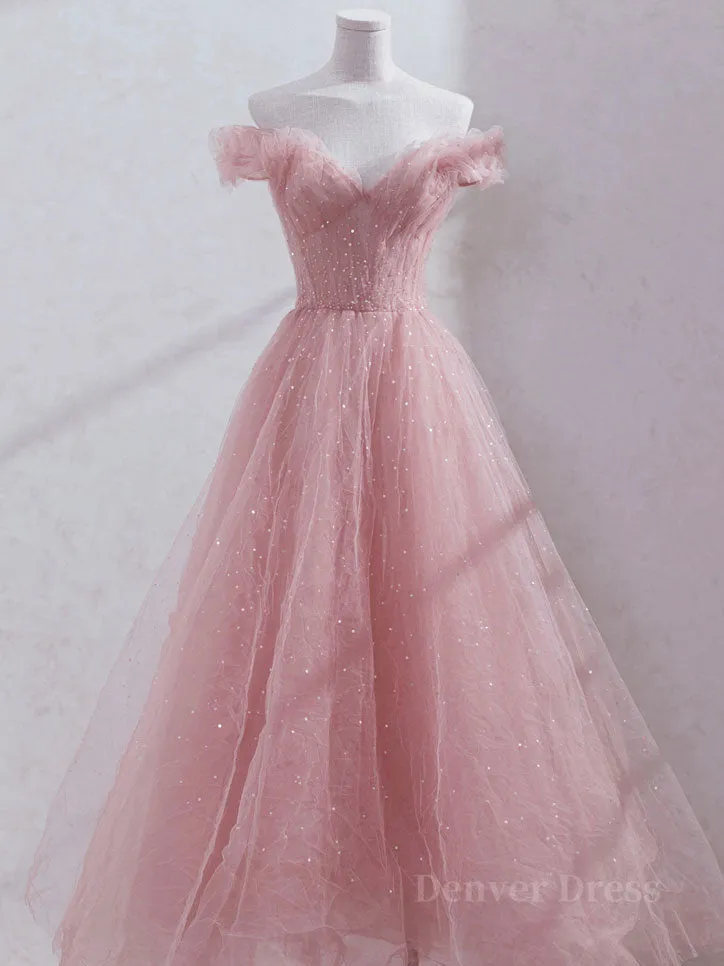 Pink off shoulder tulle sequin long prom dress pink formal dress