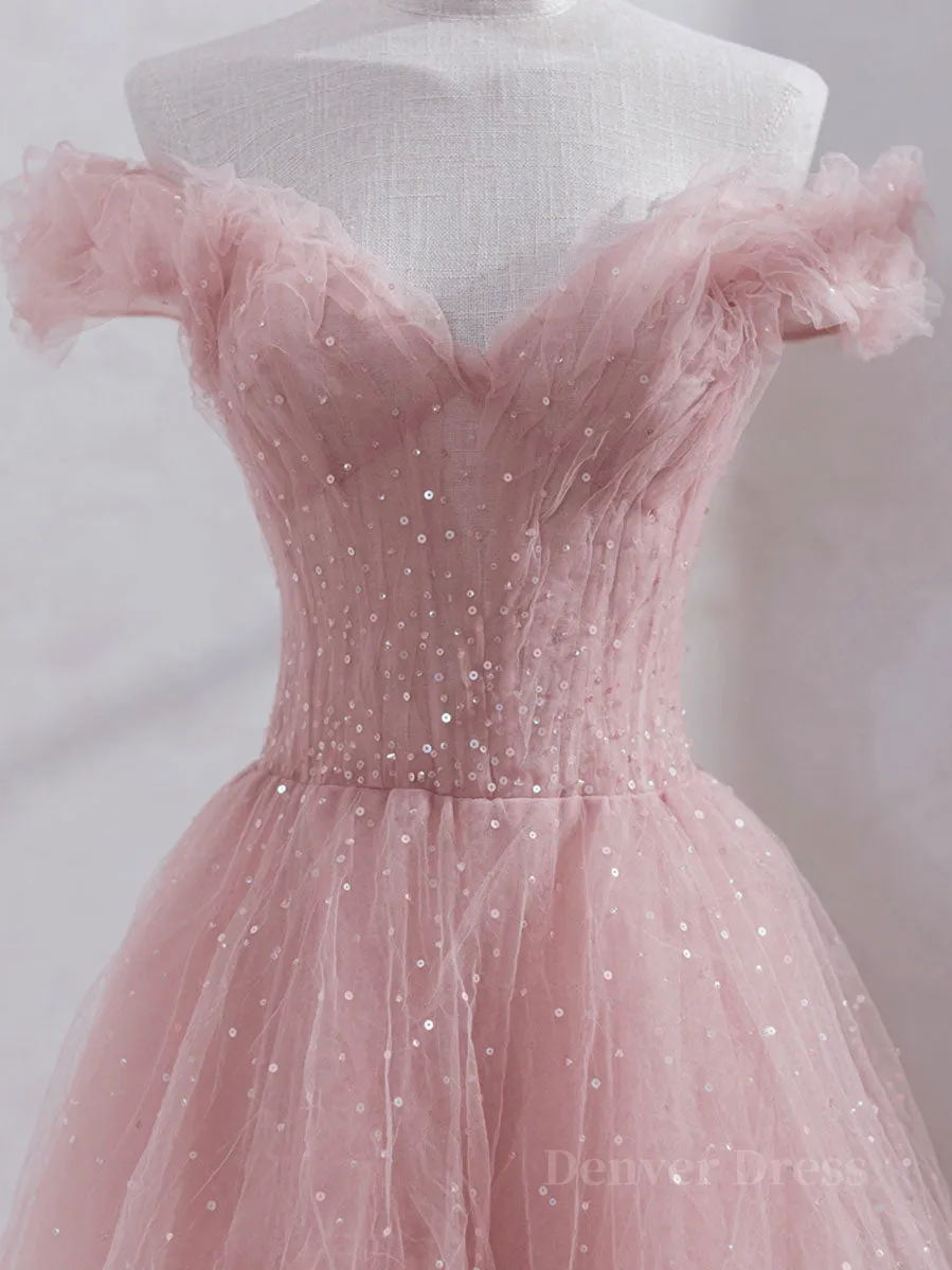 Pink off shoulder tulle sequin long prom dress pink formal dress