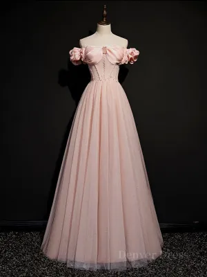 Pink tulle off shoulder long prom dress pink tulle formal dress