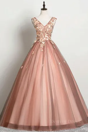 Pink v neck tulle lace long prom dress pink tulle formal dress