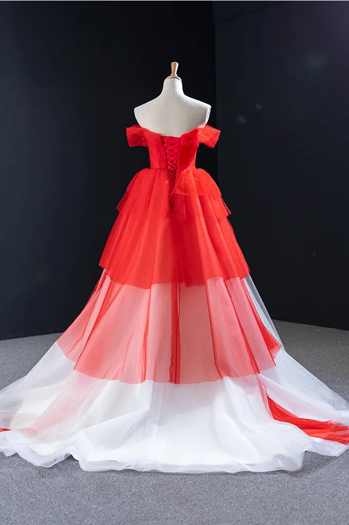 Red and White off the Shoulder Tired Prom Dress Puffy Formal Party Dresses