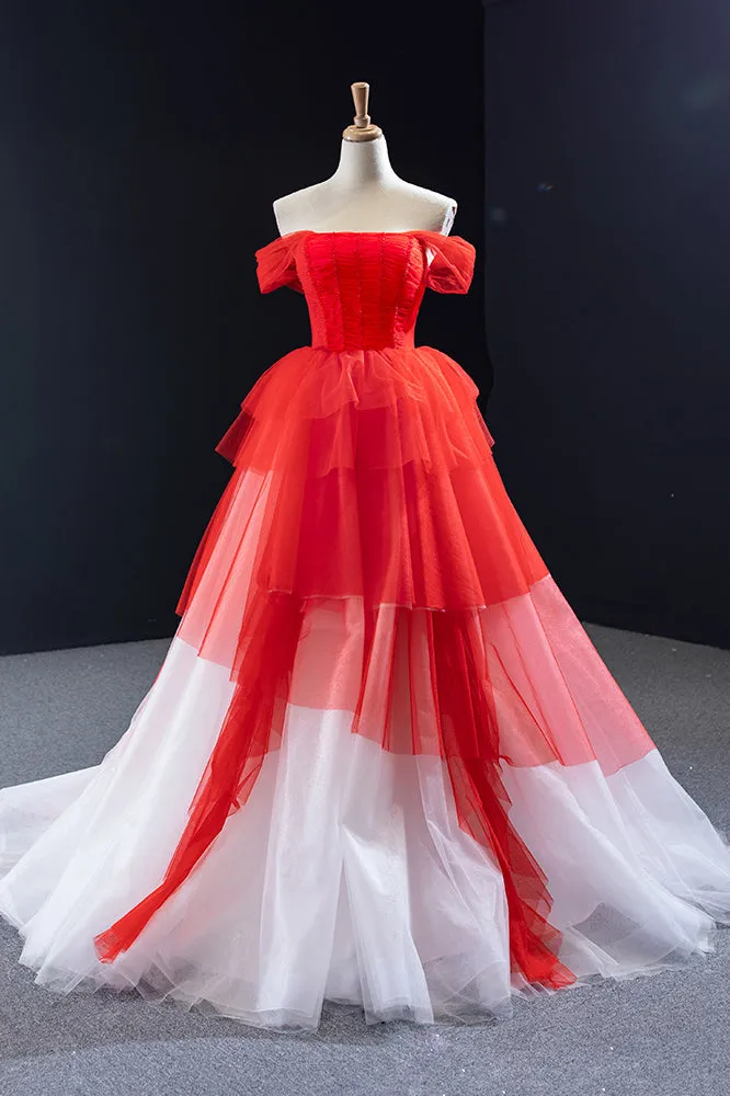 Red and White off the Shoulder Tired Prom Dress Puffy Formal Party Dresses