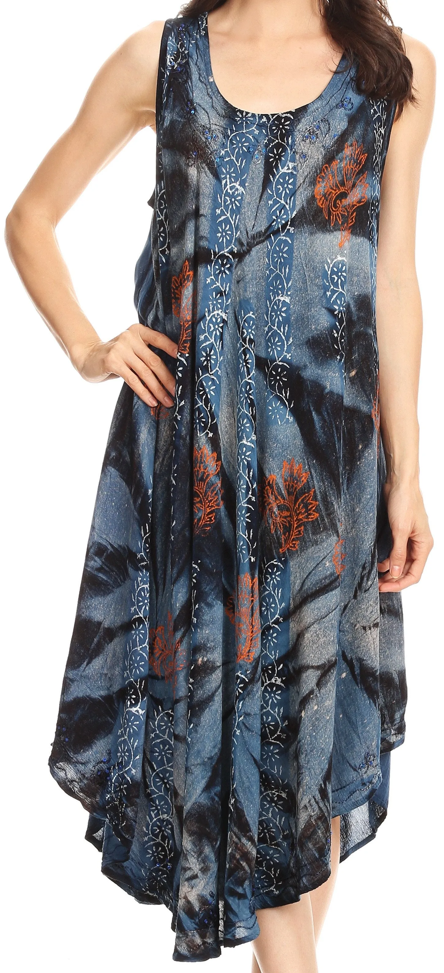 Sakkas Mariana Tie Dye Vine Print Dress / Cover Up with Sequins and Embroidery