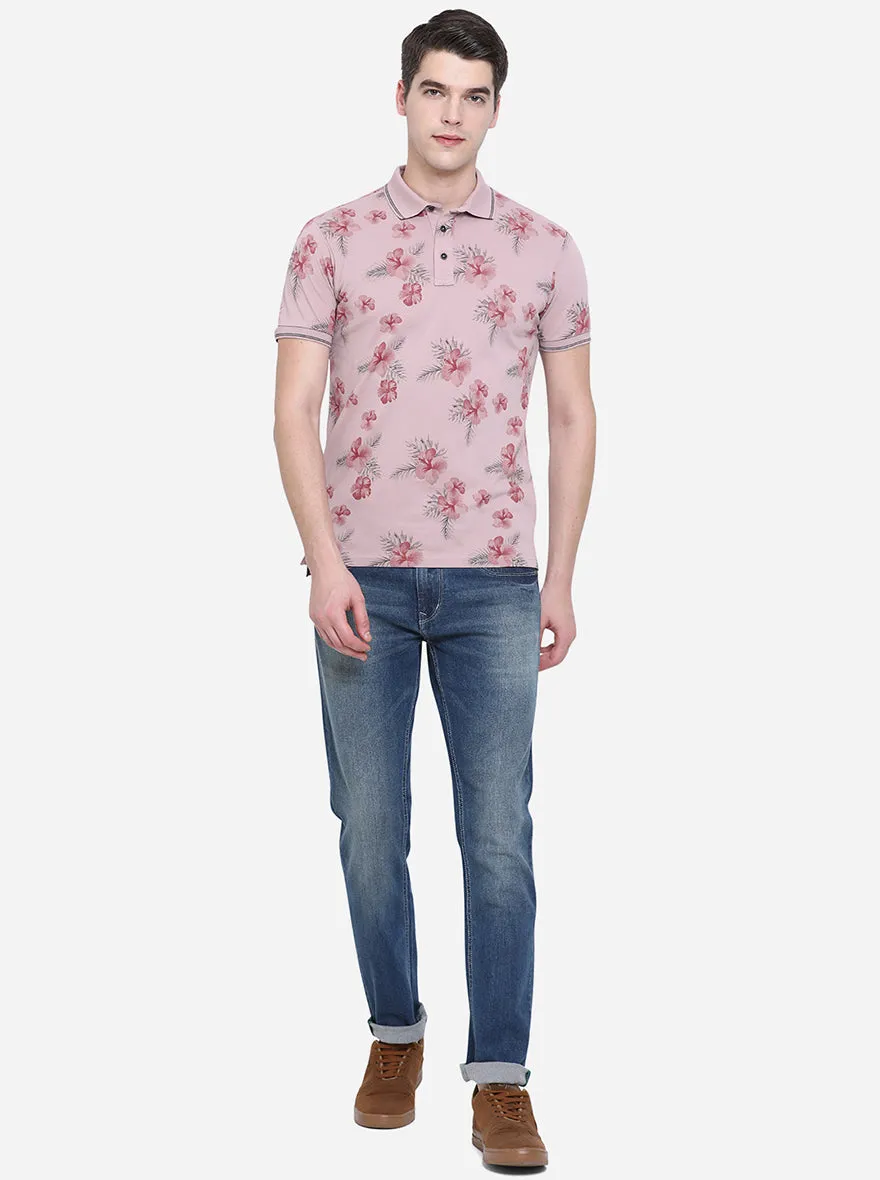 Sand Pink Printed Slim Fit Polo T-Shirt | JadeBlue