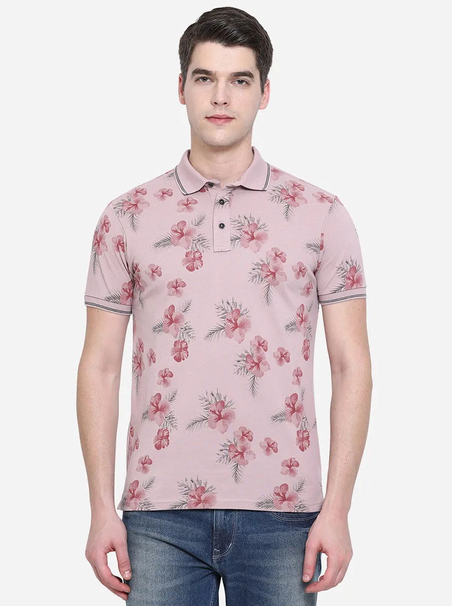 Sand Pink Printed Slim Fit Polo T-Shirt | JadeBlue