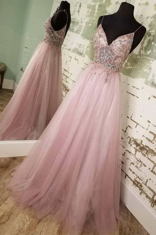 Straps A-line Blush Beaded Long Formal Dress