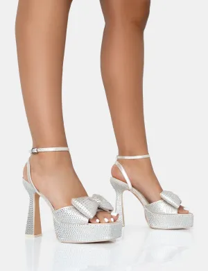 Sugarboo Off White Satin Diamante Bow Lace Up Platform Heels