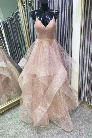 Unique v neck tulle sequin long prom dress sequin formal dress