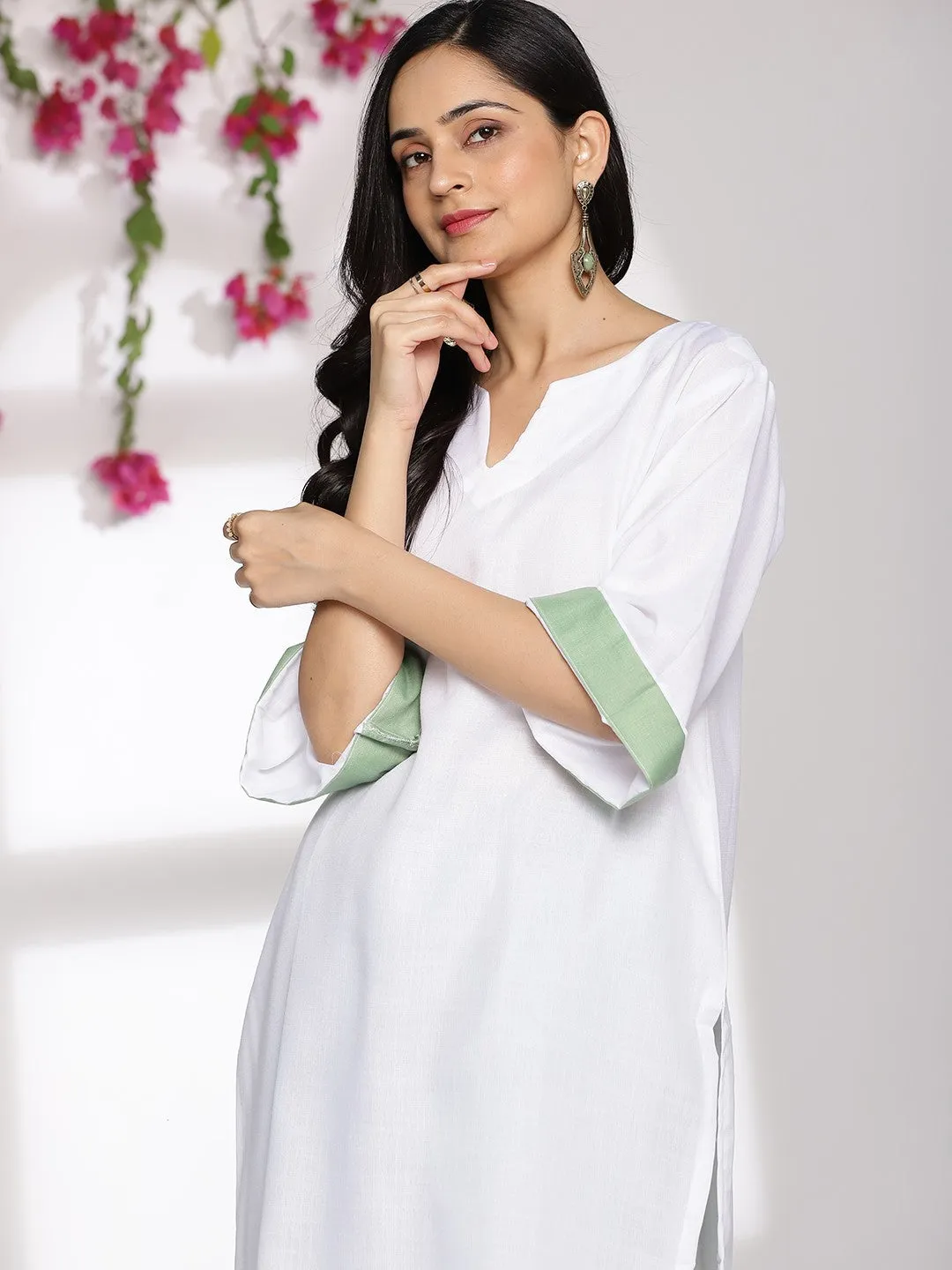 White CottonSlub LongKurta & SageGreen Palazzo