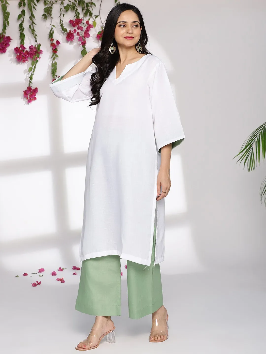 White CottonSlub LongKurta & SageGreen Palazzo