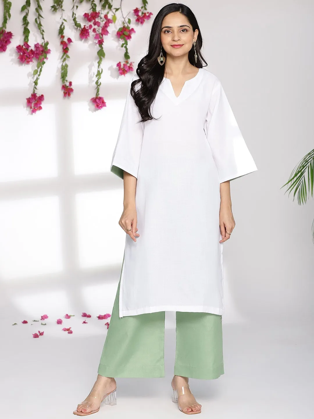 White CottonSlub LongKurta & SageGreen Palazzo