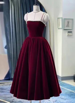 Wine Red Straps Velvet Party Dress with Pearls Wine Red Tea Length Formal Dress