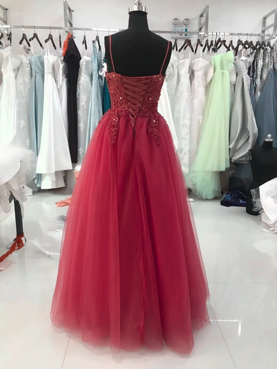 Wine Red Tulle Straps Lace Applique Long Formal Dress Wine Red Prom Dress