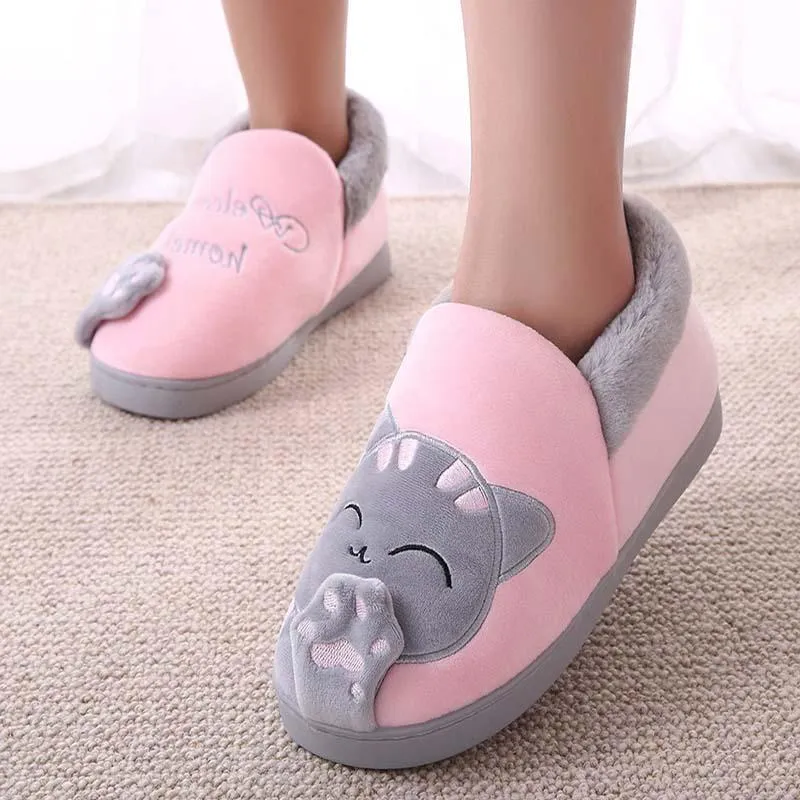 Women Winter Warm Home Soft Plush Cat Slip On Slippers