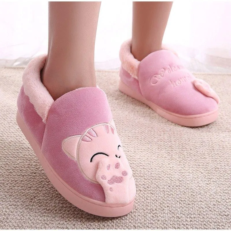 Women Winter Warm Home Soft Plush Cat Slip On Slippers