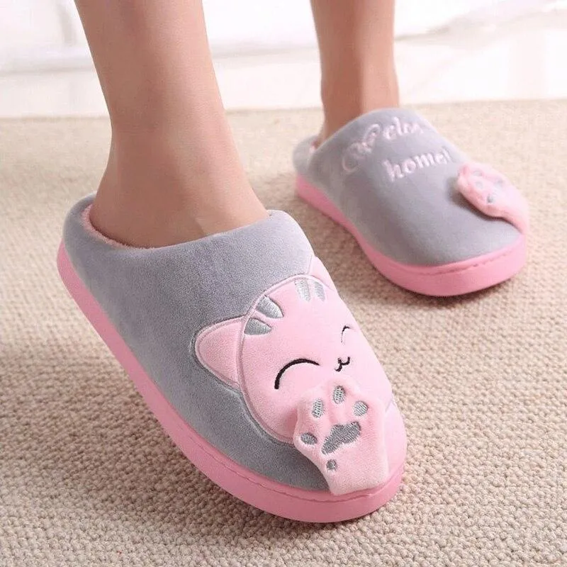 Women Winter Warm Home Soft Plush Cat Slip On Slippers