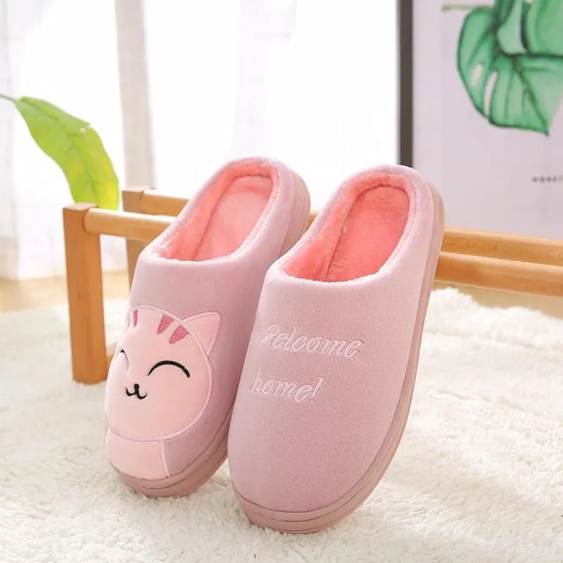 Women Winter Warm Home Soft Plush Cat Slip On Slippers