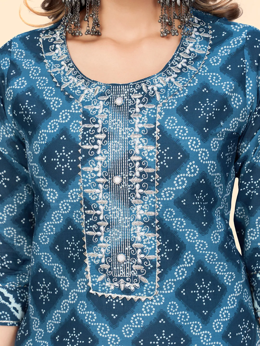 Women'S Bandhani Print & Embroiderd Straight Cotton Blue Stitched Kurta Pant With Dupatta