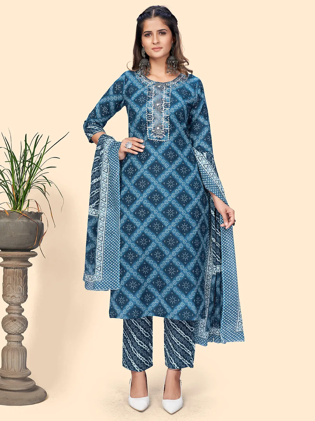 Women'S Bandhani Print & Embroiderd Straight Cotton Blue Stitched Kurta Pant With Dupatta