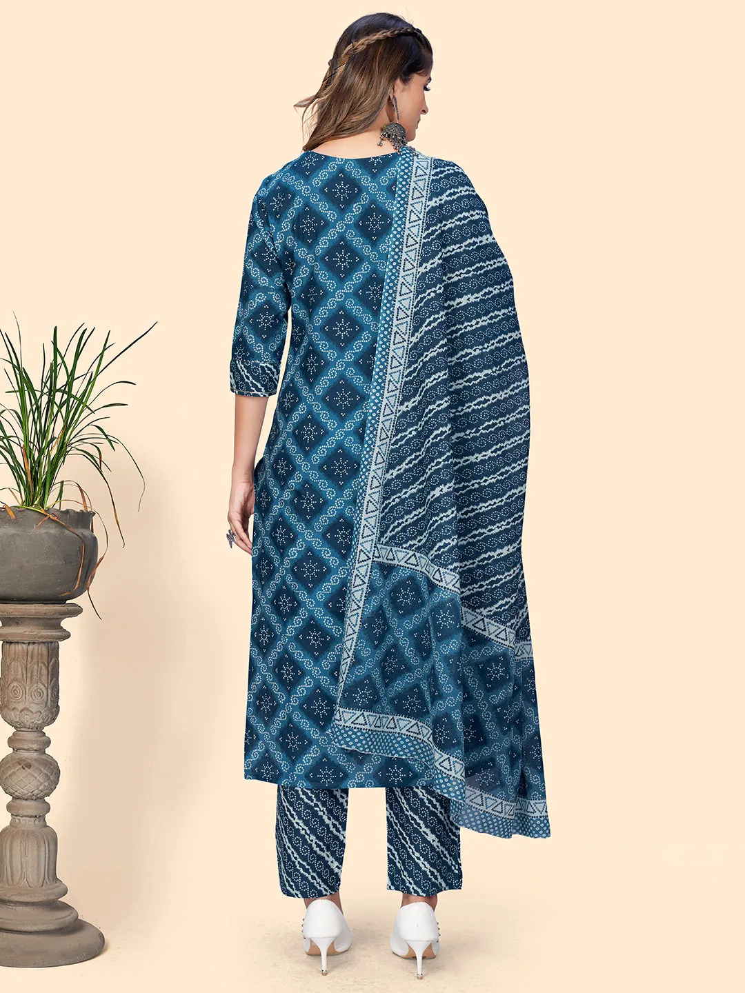 Women'S Bandhani Print & Embroiderd Straight Cotton Blue Stitched Kurta Pant With Dupatta