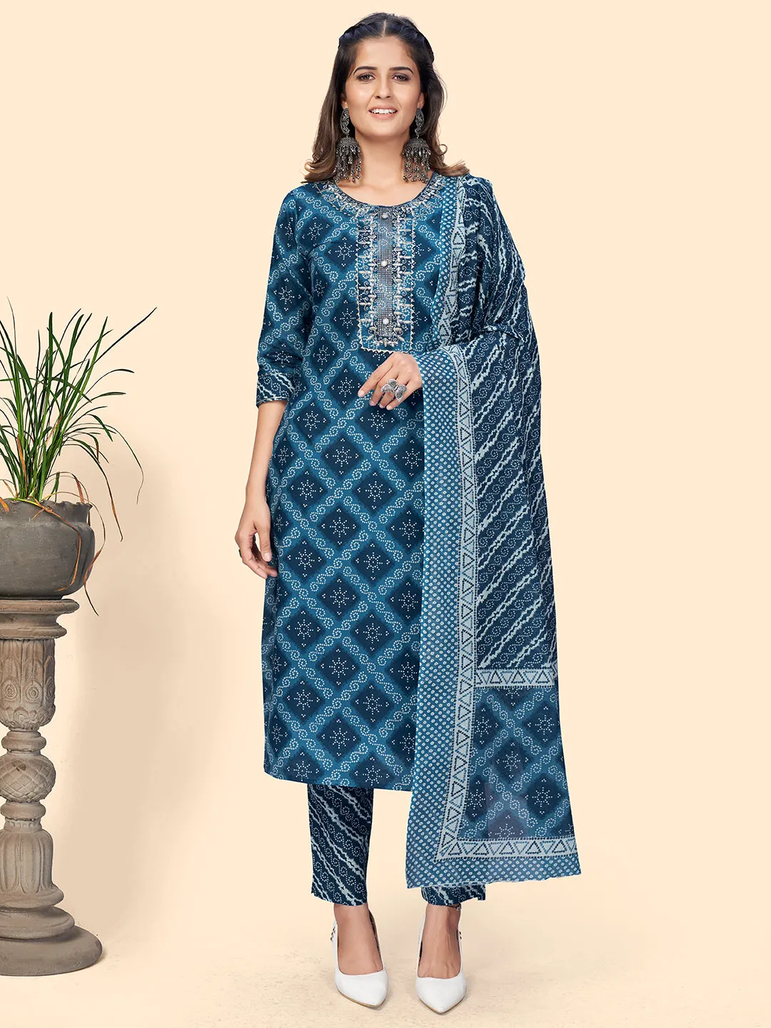 Women'S Bandhani Print & Embroiderd Straight Cotton Blue Stitched Kurta Pant With Dupatta