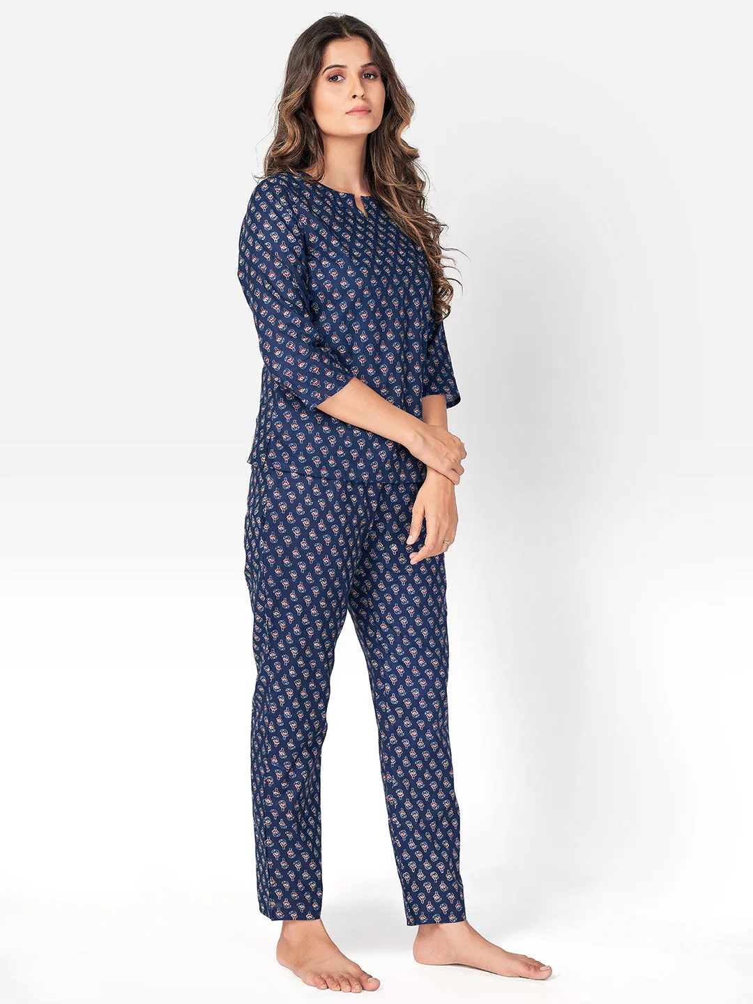 Women'S Floral Print  Cotton Blue Night Suit Set