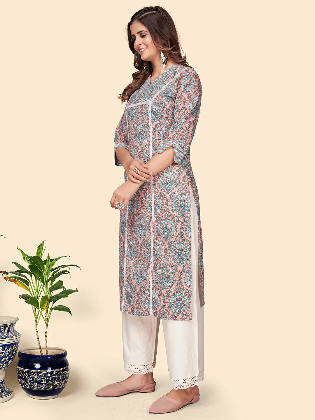 Women'S Printed Straight Cotton Peach Stitched Kurta