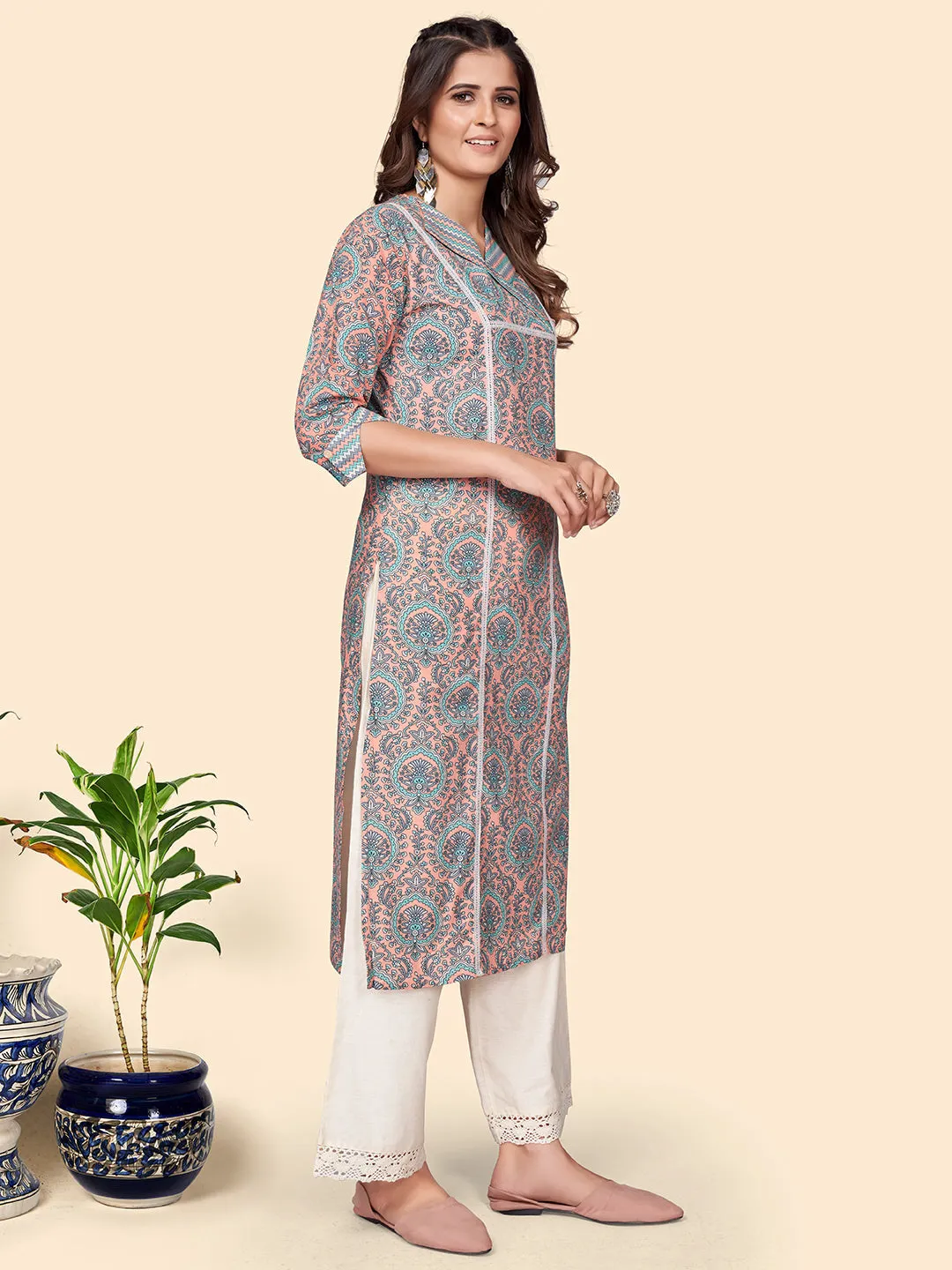 Women'S Printed Straight Cotton Peach Stitched Kurta