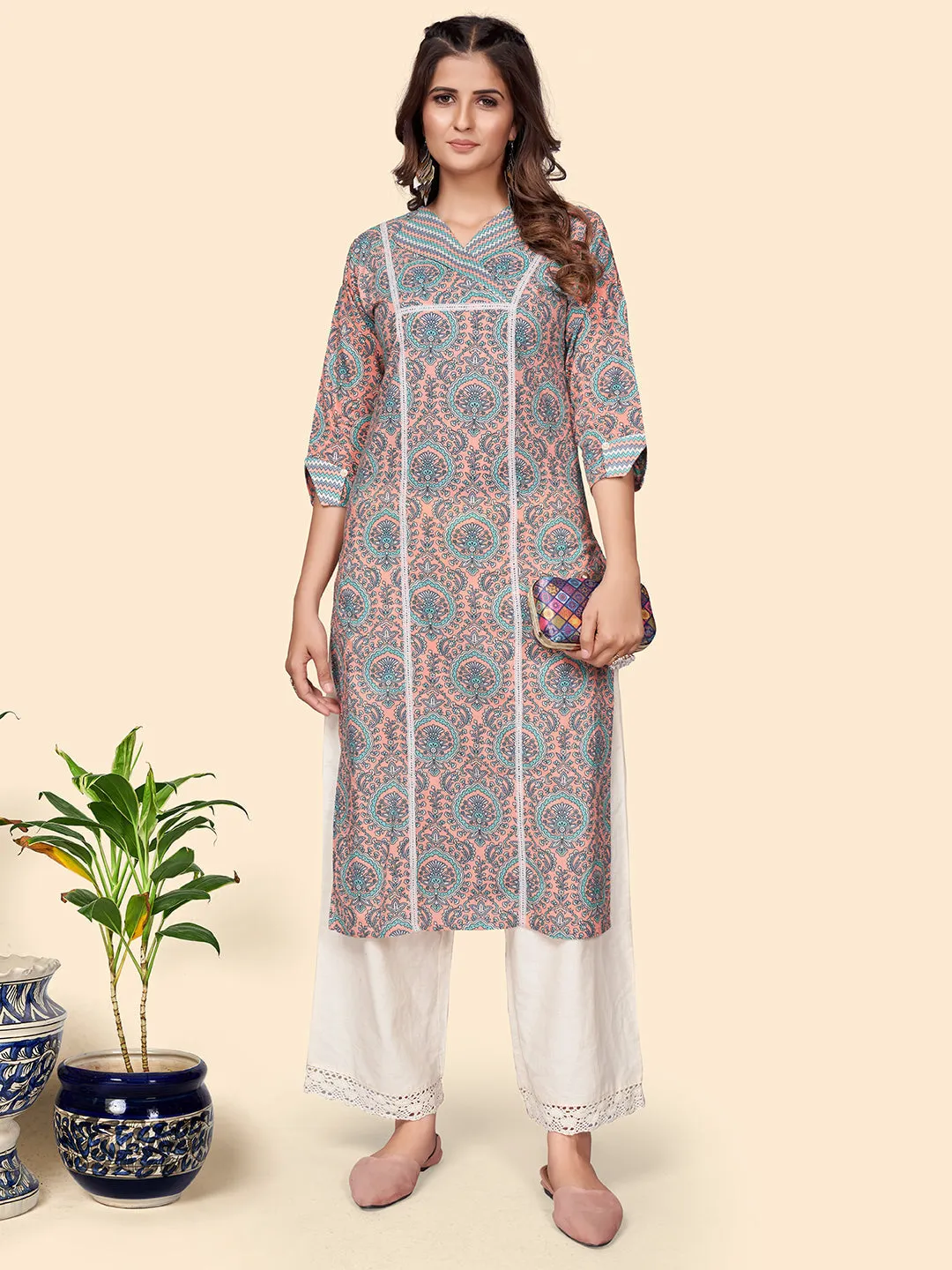 Women'S Printed Straight Cotton Peach Stitched Kurta