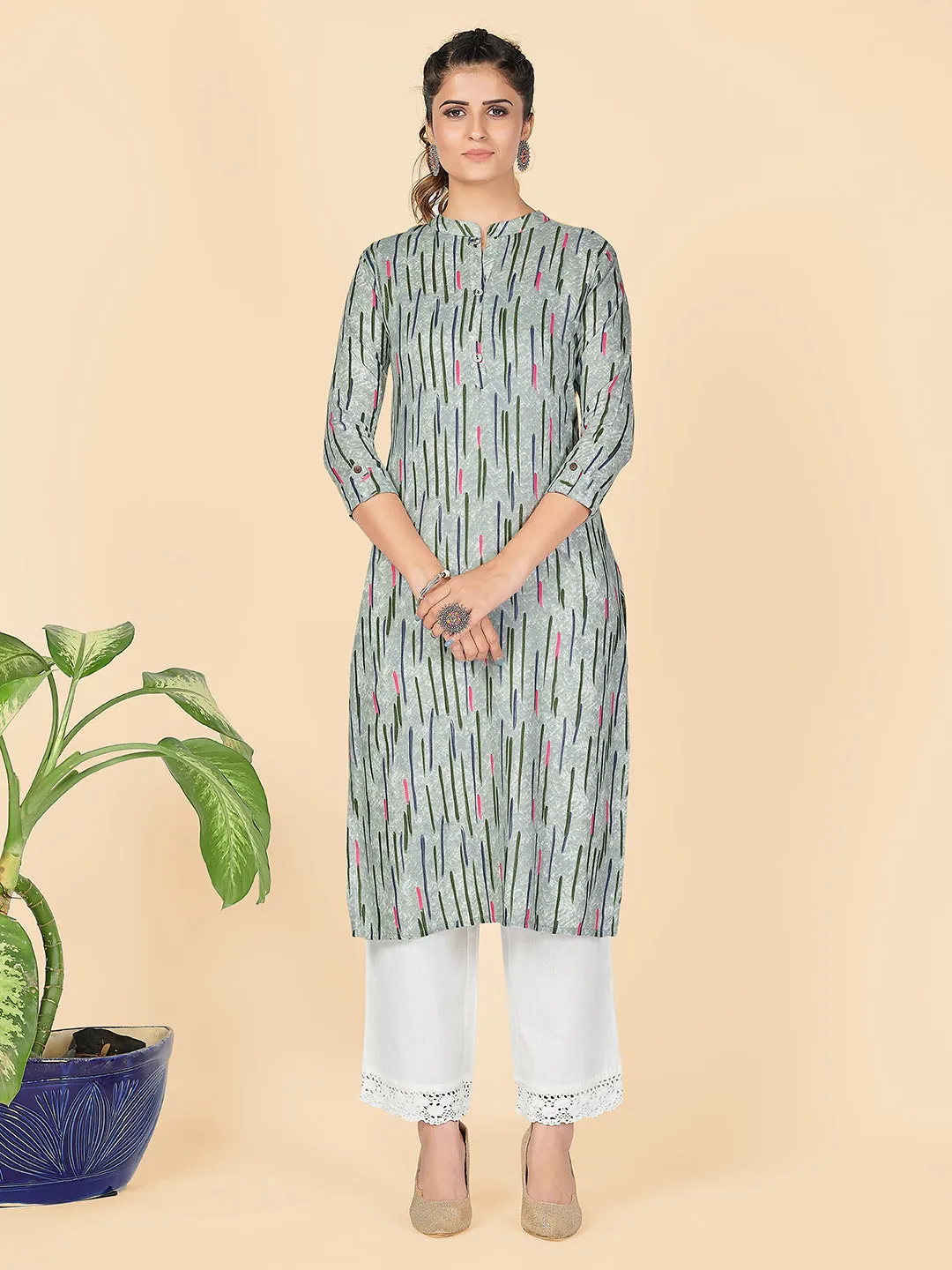 Women'S Printed Straight Rayon Pista Stitched Kurta