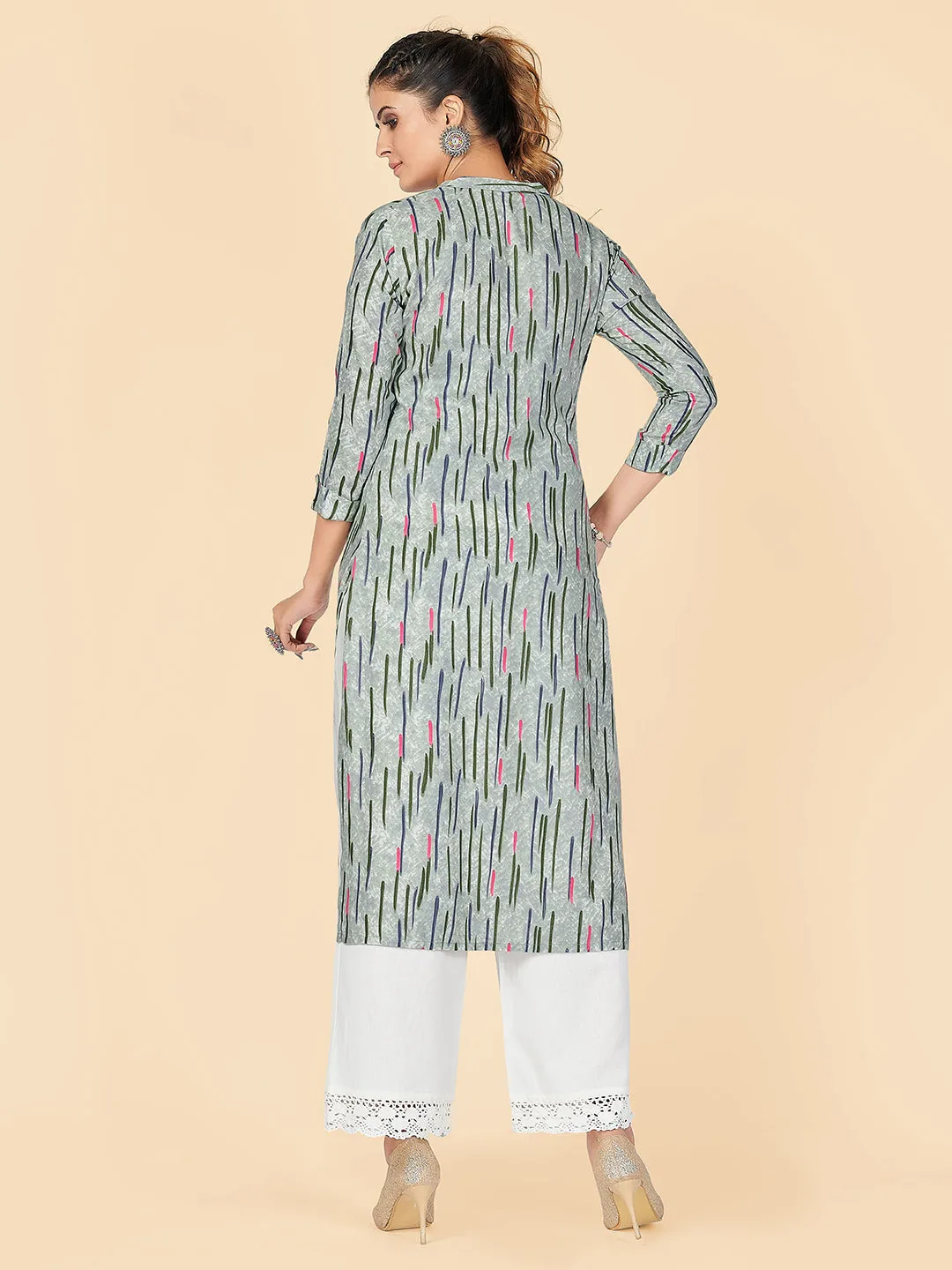 Women'S Printed Straight Rayon Pista Stitched Kurta