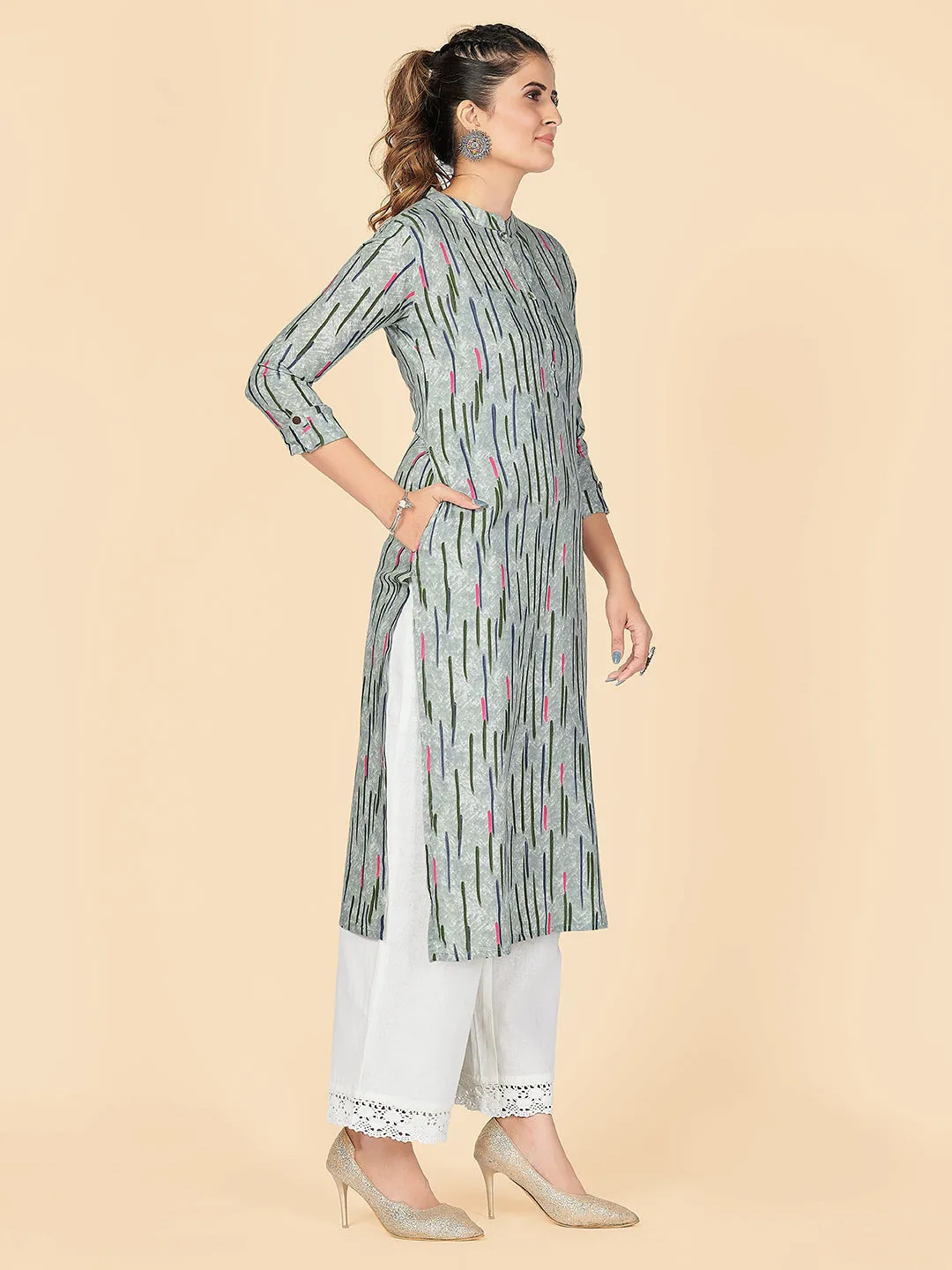 Women'S Printed Straight Rayon Pista Stitched Kurta