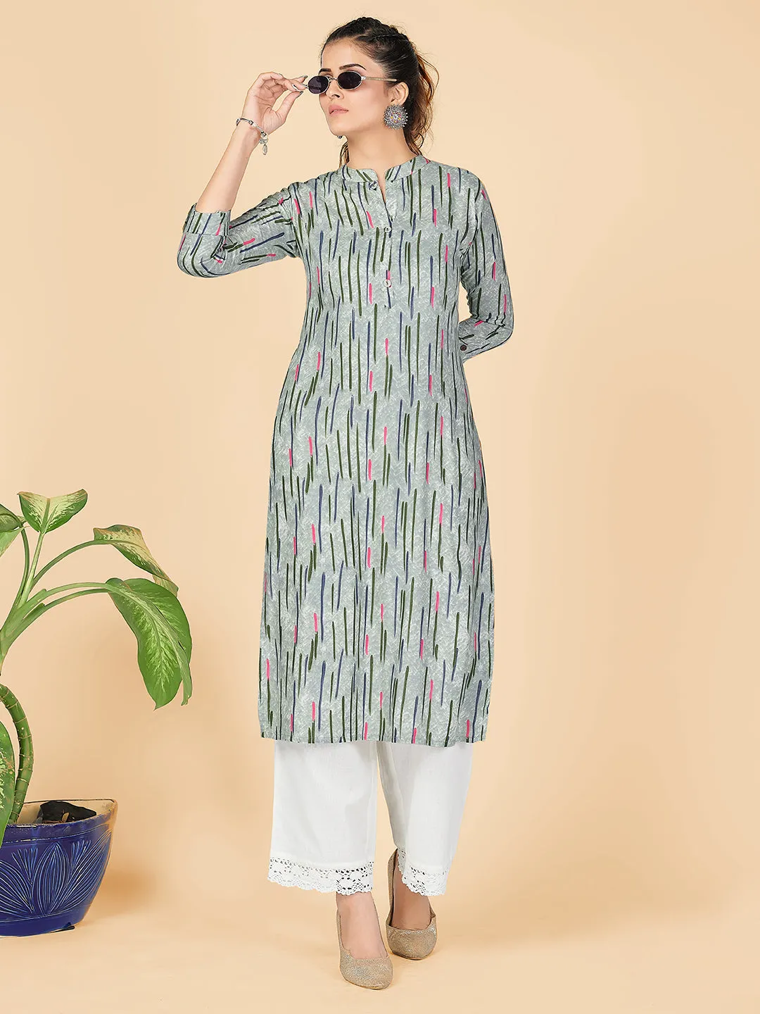 Women'S Printed Straight Rayon Pista Stitched Kurta