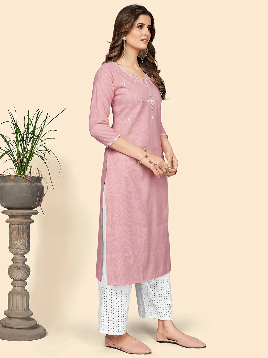 Women'S Solid & Mirror Straight Cotton Baby Pink Stitched Kurta