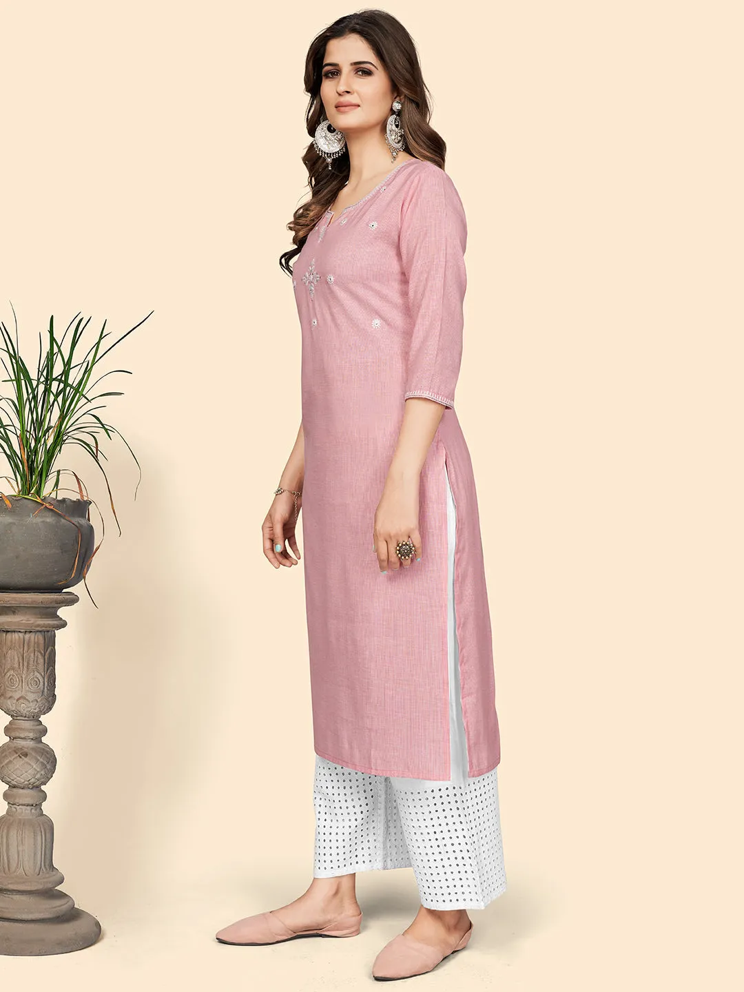 Women'S Solid & Mirror Straight Cotton Baby Pink Stitched Kurta